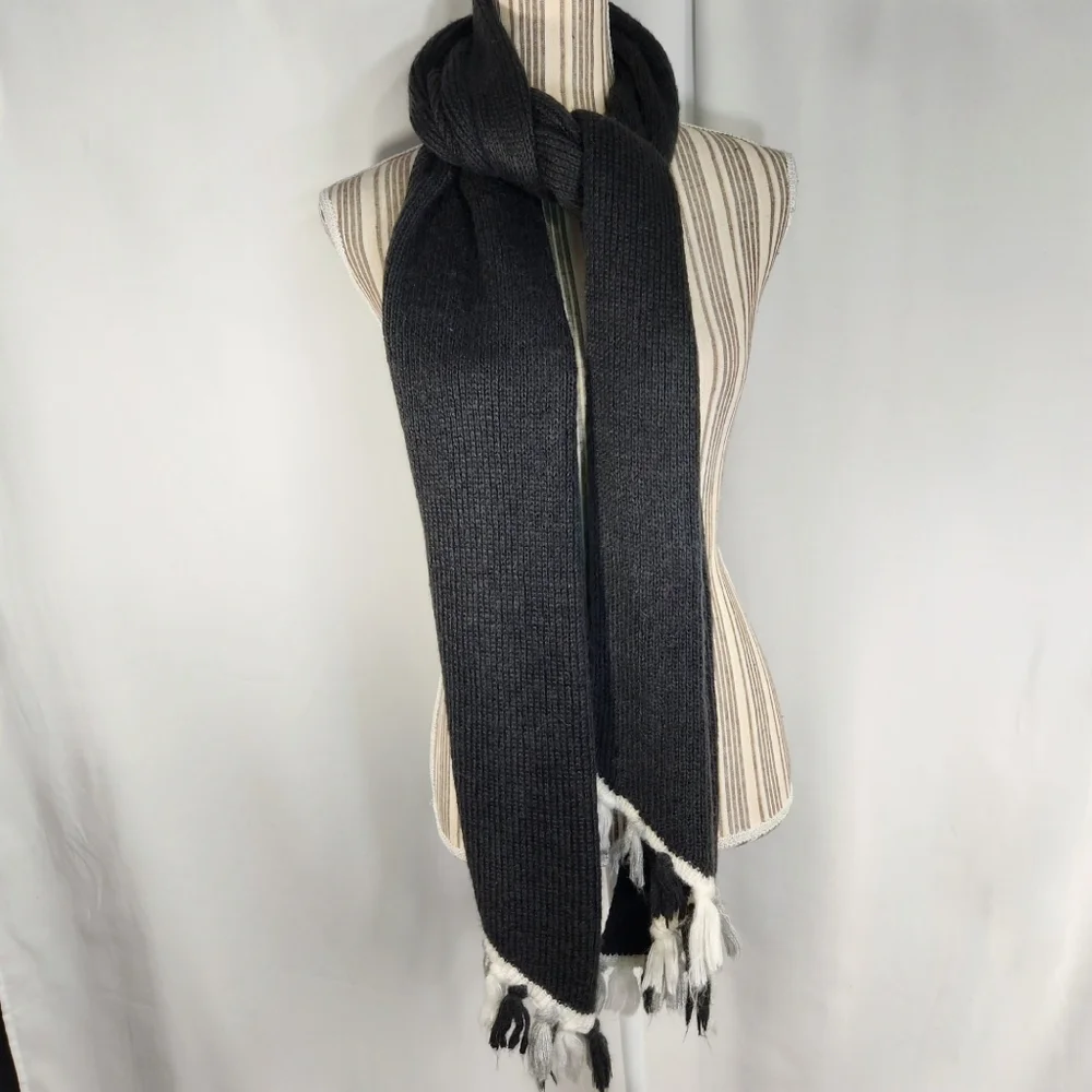 Designer Black w/ Black White Grey Tassels Neck Scarf